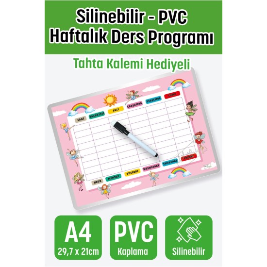 Haftalık Yaz Sil Ders Programı Pvc Kaplamalı Silinebilir Fairy - A4- 29,7x21 cm Türkçe / İngilizce