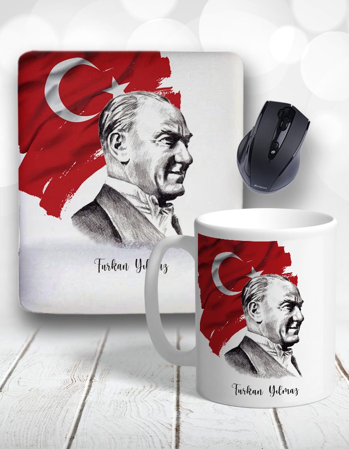 Kişiye Özel 2li Atatürk Tasarımlı Kupa Bardak ve Mouse Pad