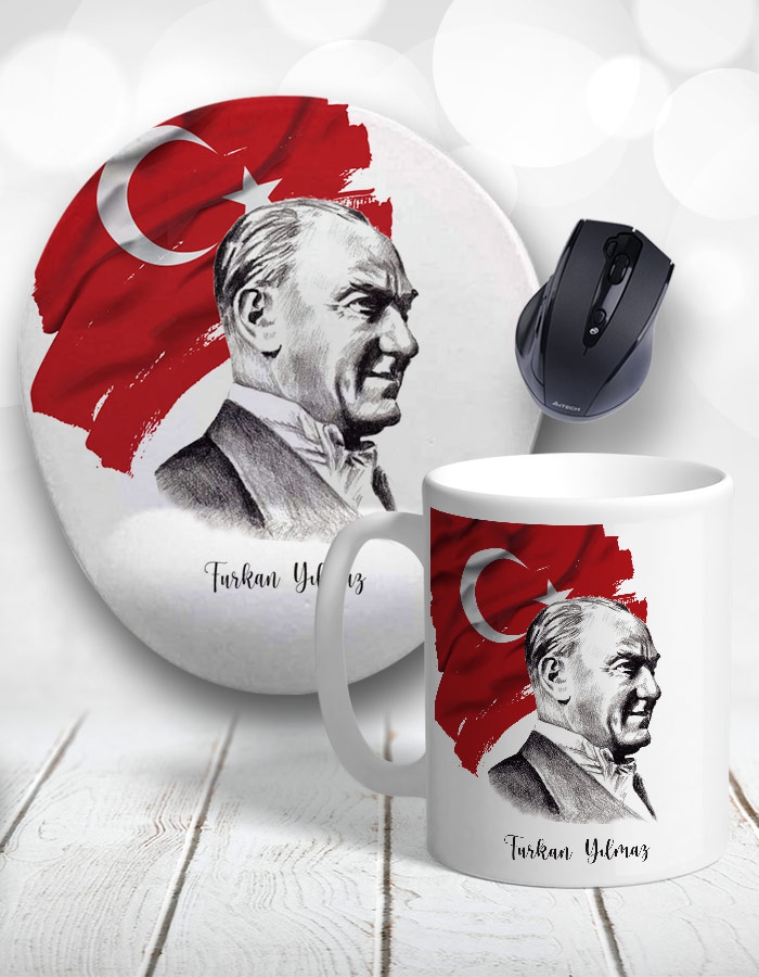 Kişiye Özel 2li Atatürk Tasarımlı Kupa Bardak ve Mouse Pad