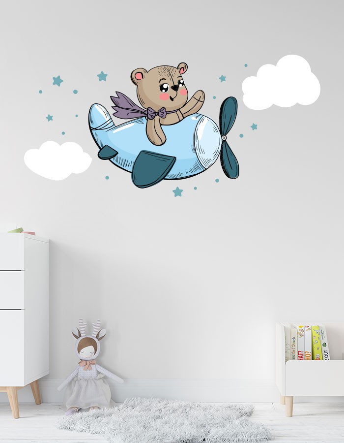 Bulut Ucak Ayicik Cocuk Odasi Sticker Kisiye Ozel Urun Mouse Pad Kupa Bardak Sticker Ve Tablo