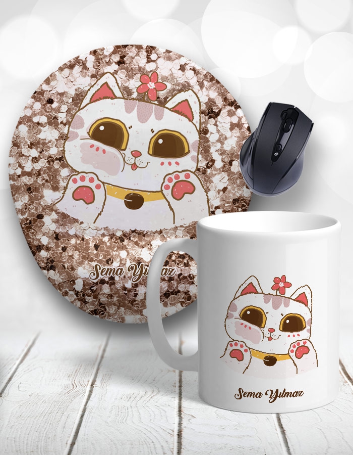 Cute Glitter Cat Kedi Kupa Bardak ve Mouse Pad