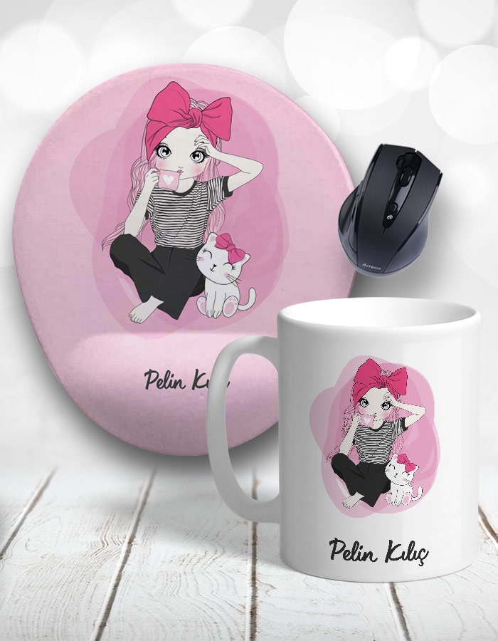 Sweet Girl and The Cat Kişiye Özel Kupa Bardak ve Mouse Pad