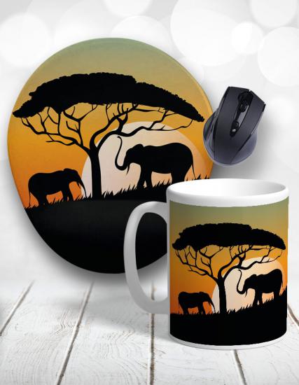Afrika Gün Batımı Filler Bilek Destekli Mouse Pad ve Kupa Bardak