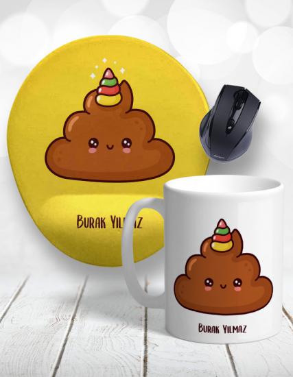Kişiye Özel 2li Dondurma Emoji Poop Kupa Bardak ve Mouse Pad
