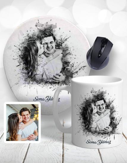 Kişiye Özel 2li Mürekkep Efektli Fotoğraf Baskılı Kupa Bardak ve Mouse Pad