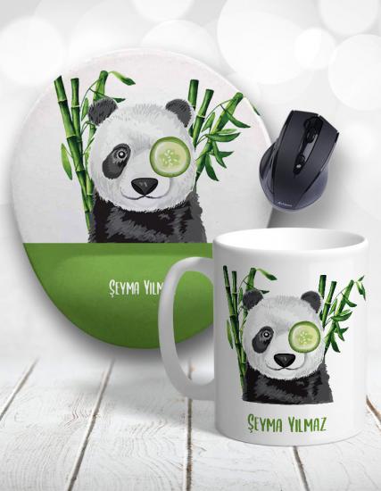 Kişiye Özel 2li Süslü Panda Bambu Kupa Bardak ve Mouse Pad