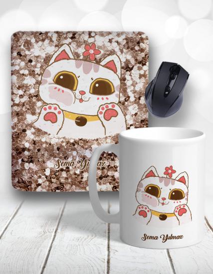 Cute Glitter Cat Kedi Kupa Bardak ve Mouse Pad