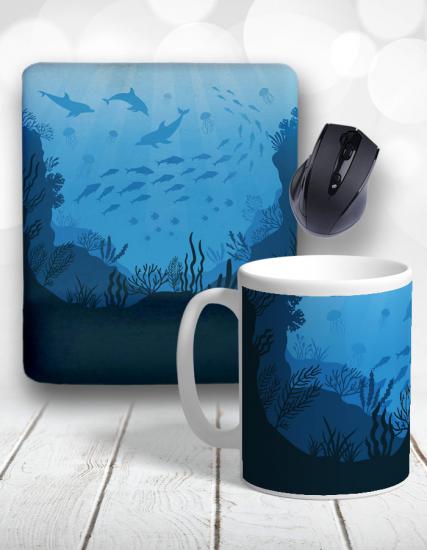 Deep Blue Underwater Ocean Bilek Destekli Mouse Pad ve Kupa Bardak
