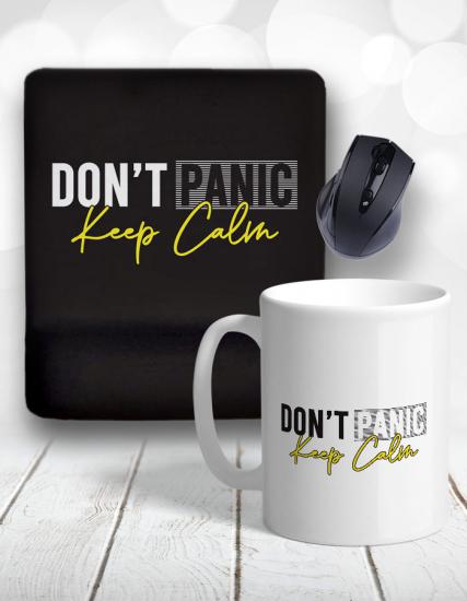 Keep Calm Dont Panic Bilek Destekli Mouse Pad ve Kupa Bardak