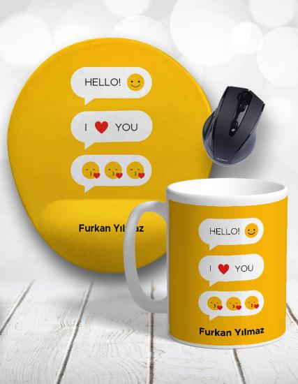 Emoji Baloncuk I Love You Kişiye Özel Kupa Bardak ve Mouse Pad