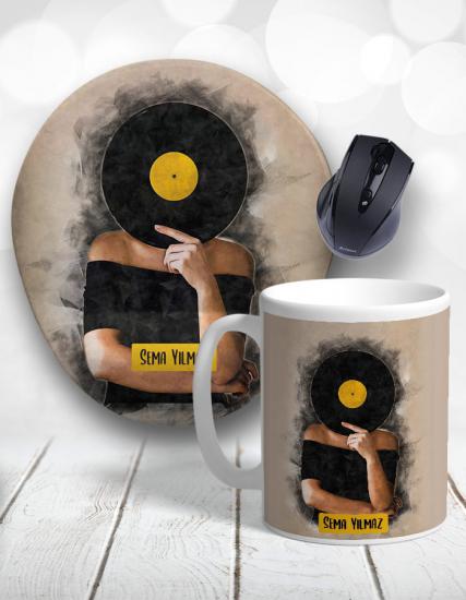 Kişiye Özel 2li Taş Plak Müzik Kafası Kupa Bardak ve Mouse Pad