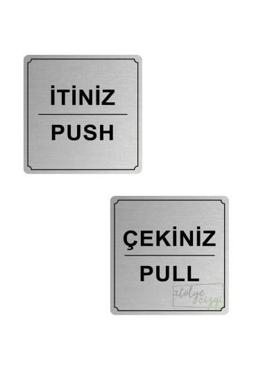 İtiniz / Çekiniz Yönlendirme Levhası 10 cm x 10 cm Gümüş Fırçalı Metal 1 Çift