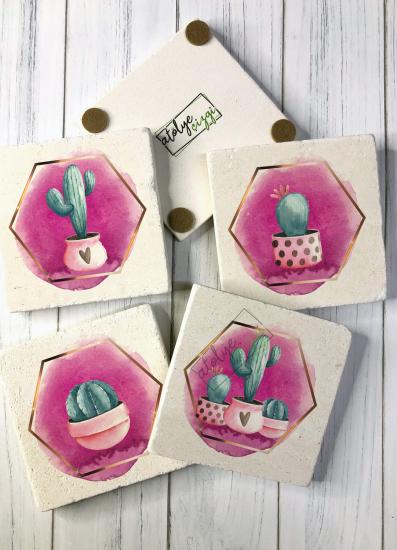 Pink Suluboya Kaktüs Taş Bardak Altlığı 4 lü Set
