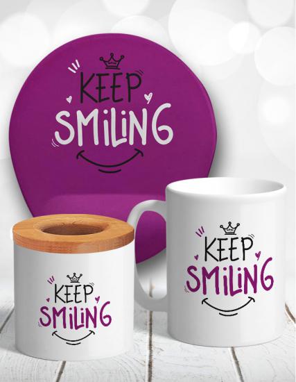 Keep Smiling Gülümse Masaüstü Seti Mouse Pad, Kupa, Kalemlik, Bardak Altlığı Hediye