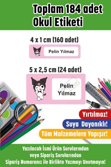 Okul Etiketi Kalem Defter Etiketi İsme Özel Kuromi