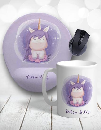 Mor Suluboya Unicorn Kişiye Özel Kupa Bardak ve Mouse Pad