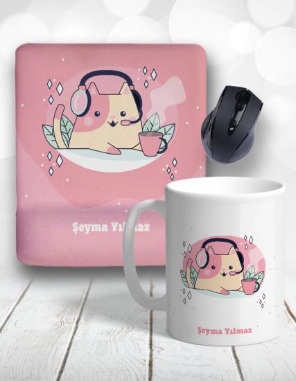 Gamer Kedi Kupa Bardak ve Mouse Pad