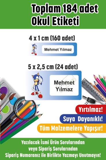 Okul Etiketi Kalem Defter Etiketi İsme Özel Sonic