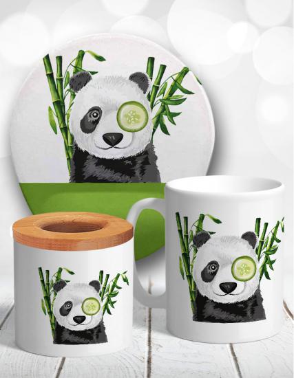 Süslü Panda Bambu Masaüstü Seti Mouse Pad, Kupa, Kalemlik, Bardak Altlığı Hediye