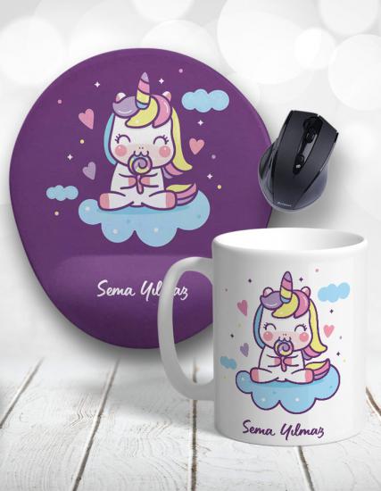 Unicorn Sleepy Clouds Kişiye Özel Kupa Bardak ve Mouse Pad