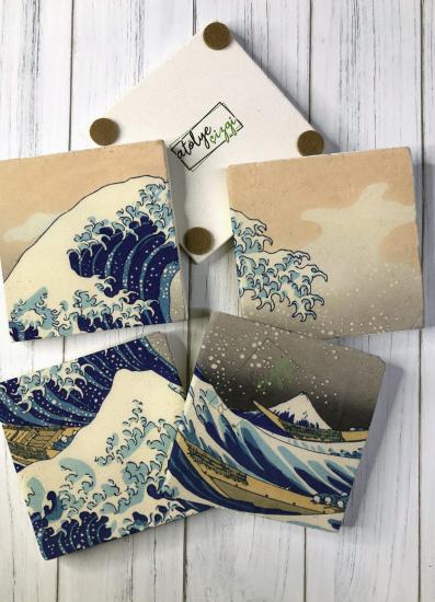 Great Wave off Kanagawa Taş Bardak Altlığı 4 lü Set