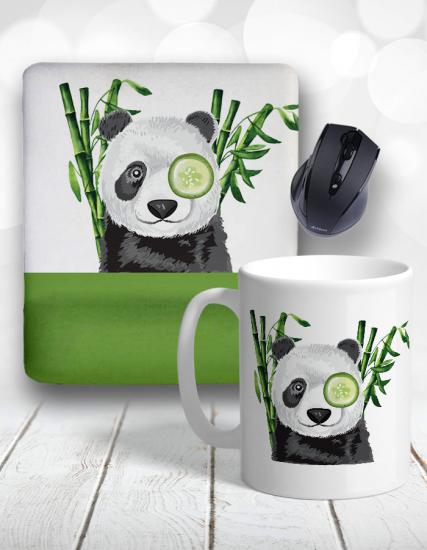 Süslü Panda Bambu Bilek Destekli Mouse Pad ve Kupa Bardak
