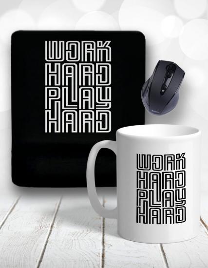 Work Hard Play Hard Bilek Destekli Mouse Pad ve Kupa Bardak