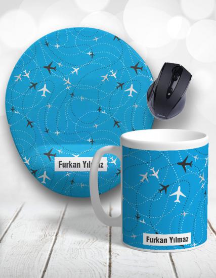 Uçak Rotası Aviator Pilot Kişiye Özel Kupa Bardak ve Mouse Pad