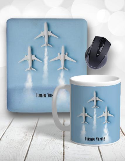 Uçaklar Aviation Blue Kişiye Özel Kupa Bardak ve Mouse Pad