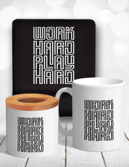 Work Hard Play Hard Masaüstü Seti Mouse Pad, Kupa, Kalemlik, Bardak Altlığı Hediye